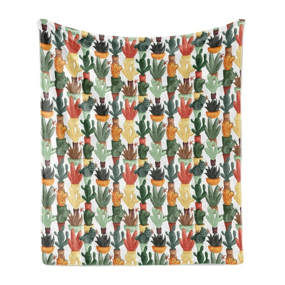 Cactus Soft Flannel Fleece Throw Blanket, Mexican Succulent in Pots Botanical Themed Illustration House Plant Arrangement, Cozy Plush for Indoor and Outdoor Use, 60" x 80", Multicolor, by Ambesonne