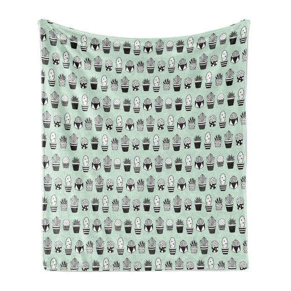 Cactus Soft Flannel Fleece Throw Blanket, Mini Cacti in Pots with Geometric Designs Polka Dots Stripes, Cozy Plush for Indoor and Outdoor Use, 50" x 60", Mint Green Charcoal Grey, by Ambesonne