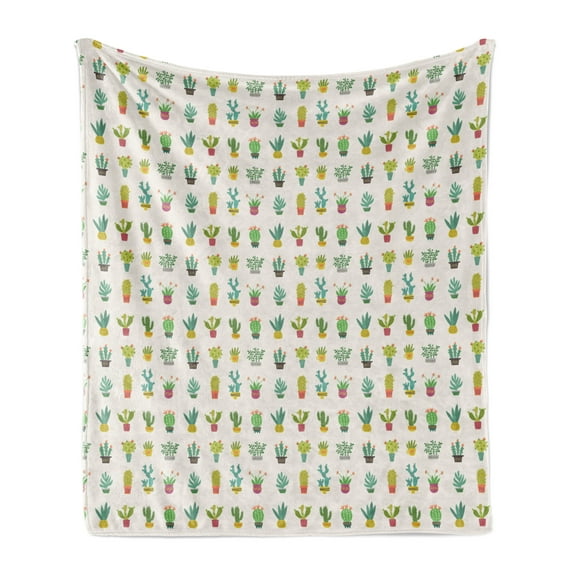 Cactus Soft Flannel Fleece Throw Blanket, Repetitive Cacti in Pots Monstera Plants on Pastel Tone Backdrop, Cozy Plush for Indoor and Outdoor Use, 50" x 60", Eggshell Khaki, by Ambesonne