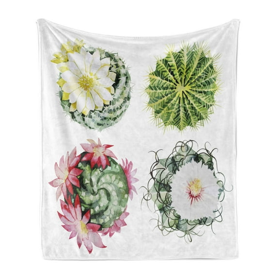 Cactus Soft Flannel Fleece Throw Blanket, Retro Mexican Hot Desert Cactus Flower Plant Botanic Nature Vintage Print Image, Cozy Plush for Indoor and Outdoor Use, 70" x 90", Multicolor, by Ambesonne