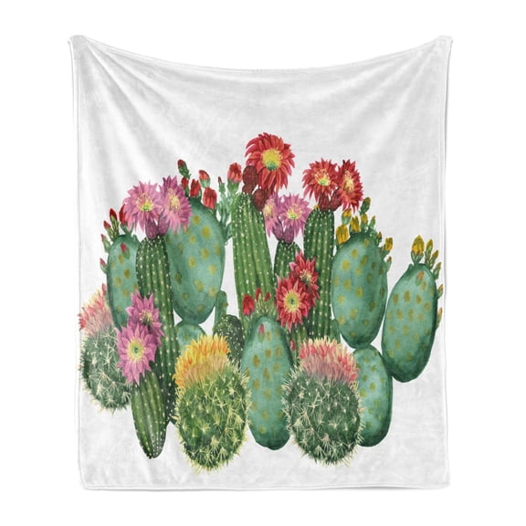 Cactus Soft Flannel Fleece Throw Blanket, Saguaro Cask Hedge Hog Prickly Pear Opuntia Tropical Botany Garden Plants Print, Cozy Plush for Indoor and Outdoor Use, 70" x 90", Multicolor, by Ambesonne