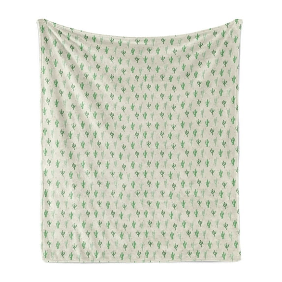 Cactus Soft Flannel Fleece Throw Blanket, Saguaro Desert Nature Kids Leaf Wilderness Hipster Vintage, Cozy Plush for Indoor and Outdoor Use, 50" x 60", Eggshell and Fern Green, by Ambesonne