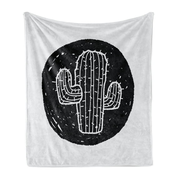 Cactus Soft Flannel Fleece Throw Blanket, Sketch Style Doodle with Plant Theme Grungy Monochrome Saguaro from Mexico Flora, Cozy Plush for Indoor and Outdoor Use, 70" x 90", Black White, by Ambesonne