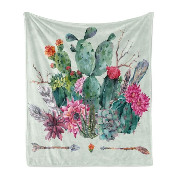 Cactus Soft Flannel Fleece Throw Blanket, Spring Garden Boho Style Bouquet of Thorny Plants Blossoms Arrows Feathers, Cozy Plush for Indoor and Outdoor Use, 50" x 70", Multicolor, by Ambesonne