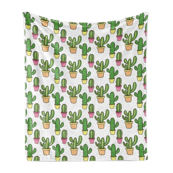 Cactus Soft Flannel Fleece Throw Blanket, Vases and Pots with Flowers Cartoon Drawing Colorful Summer Plants Design, Cozy Plush for Indoor and Outdoor Use, 70" x 90", Peach Pink Green, by Ambesonne