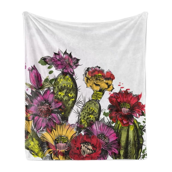 Cactus Soft Flannel Fleece Throw Blanket, Watercolor Painting Style Potted Plants Cactus Blossoms Gardening Theme, Cozy Plush for Indoor and Outdoor Use, 70" x 90", Multicolor, by Ambesonne