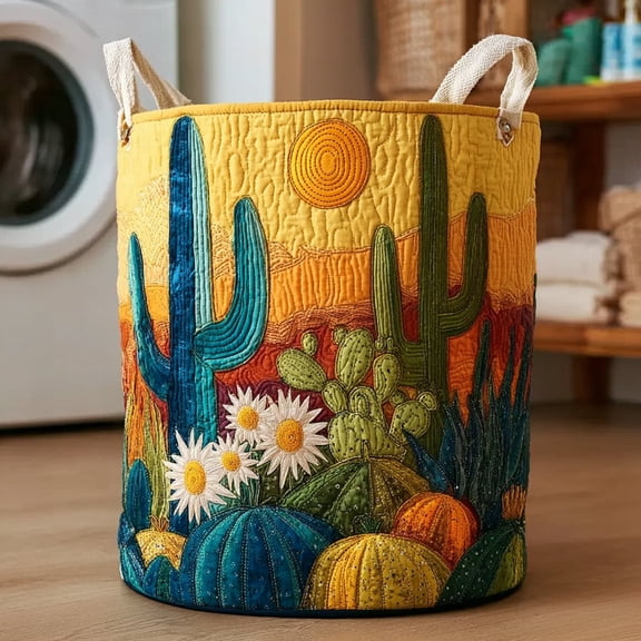 Cactus Sol Quilted Laundry Basket, with Handles, Foldable Clothes Hamper for Bedroom Storage