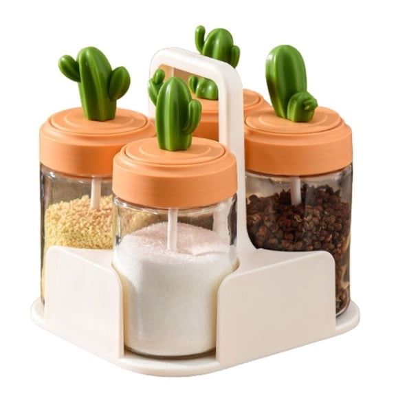 Cactus Spice Jar Bottle Set,Glass Condiment Container With Base,Cover Spoon Integrated,Seasonings Organizer For Salt Sugar Herbs Grains-Ⅳ-transparent