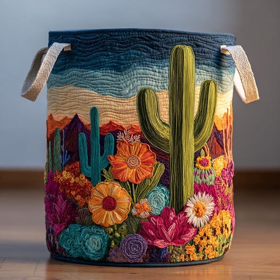 Cactus Spirit Quilted Laundry Basket, Desert Cactus Hamper, Southwestern Room Storage