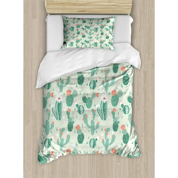 Cactus Spring Flower Duvet Cover Set, Botanical Art of Soft Tone Elements Strokes Grass, Decorative 2 Piece Bedding Set with 1 Pillow Shams, Twin Size, Laurel Green and Salmon, by Ambesonne