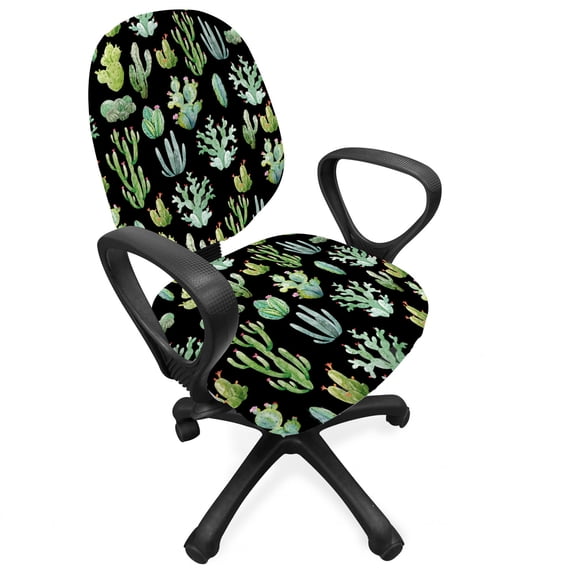 Cactus Spring Flower Office Chair Slipcover, Composition of Various Succulent Types Blossoming Botany, Protective Stretch Decorative Fabric Cover, Standard Size, Charcoal Grey, by Ambesonne