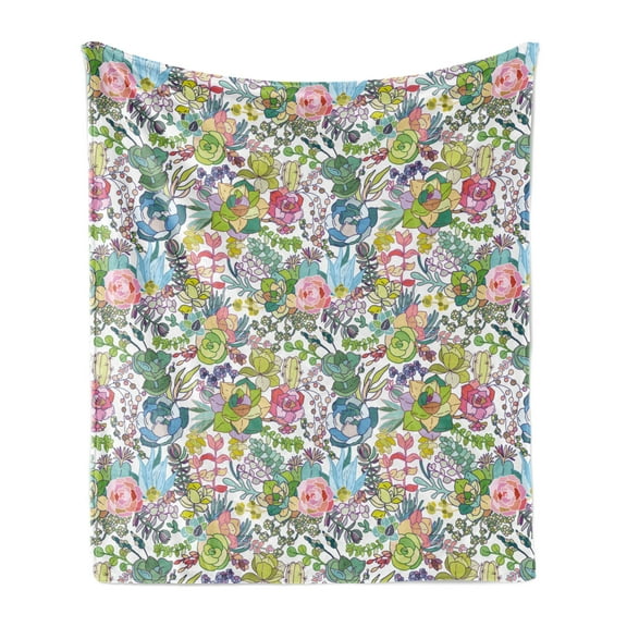 Cactus Spring Flower Soft Flannel Fleece Throw Blanket, Illustration of Cluttered Botanical Floral and Leaves Plantation, Cozy Plush for Indoor and Outdoor Use, 60" x 80", Multicolor, by Ambesonne