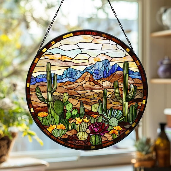 Cactus Stained Glass Suncatcher, Desert Plant Window Hanging Boho Decor