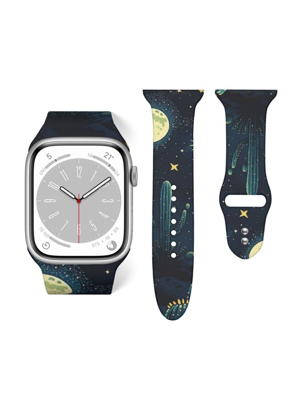 Cactus Starry Moon Stars Soft Silicone Sport Band 38mm40mm Wristband for Apple Watch, Waterproof Buckle Strap for Series 9/8/7/6/SE/Ultra