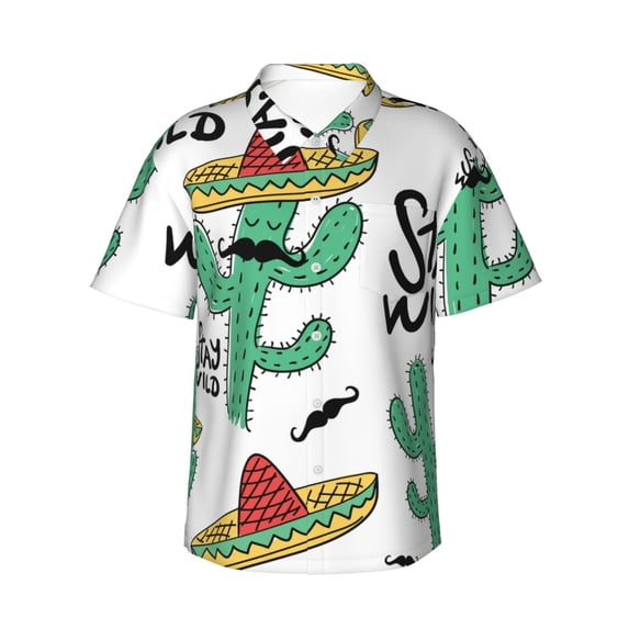 Cactus Stay Wild Hawaiian Shirts For Men, Summer Short-Sleeve Relaxed-Fit Button-Down Shirts Medium