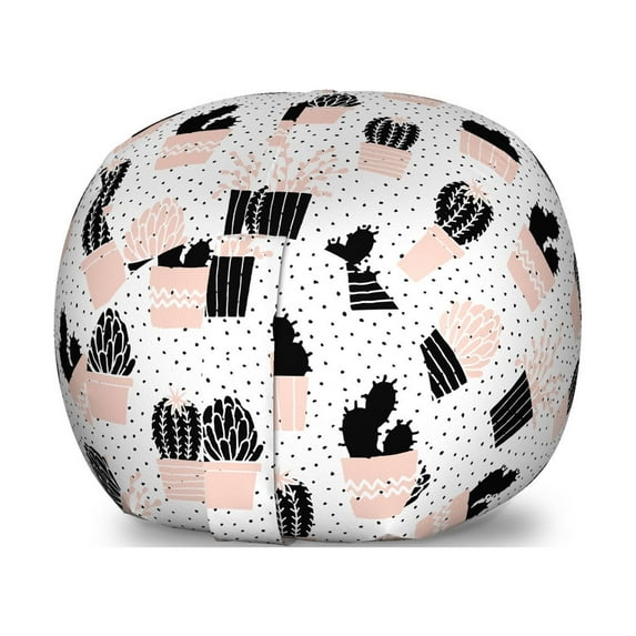 Cactus Storage Toy Bag Chair, Dotted Background with Plants and Many Design Elements Chevrons Lines, Stuffed Animal Organizer Washable Bag, Small Size, Pale Coral Black White, by Ambesonne
