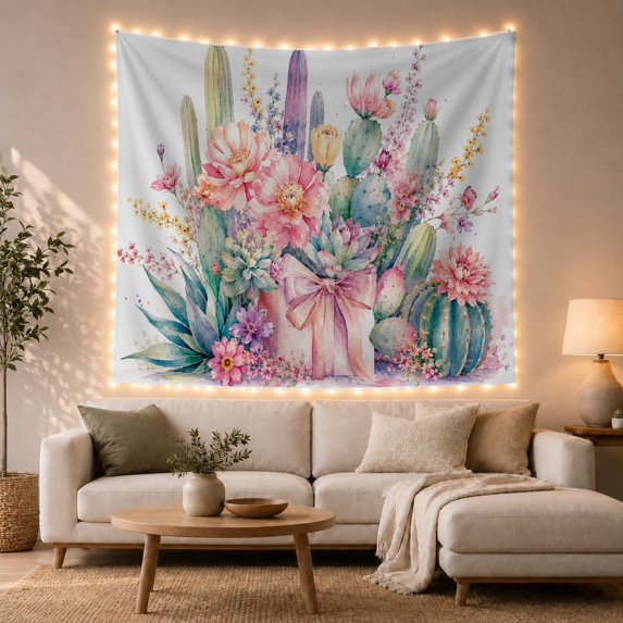 Cactus and Succulent Bouquet in Watercolor, Romantic Watercolor Style for Plant Lovers, Floral Wall Art, Housewarming Gift Tapestry Wall Hanging for Bedroom and Living Room