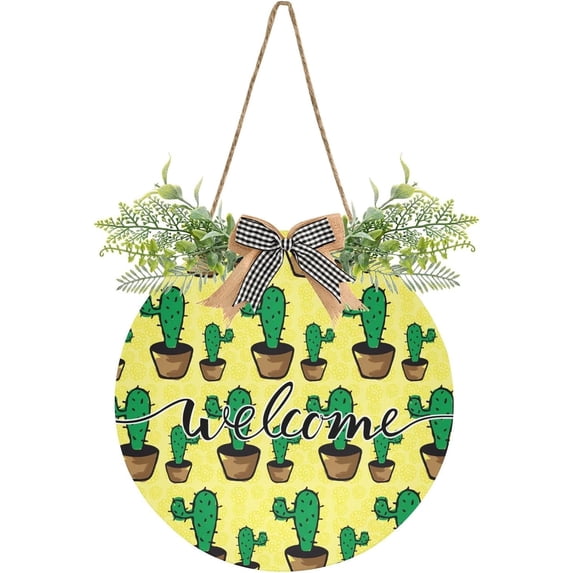 Cactus Succulent Flower Plants Welcome Sign Farmhouse Front Porch Door Hanging Welcome Wreath for Holiday Wall Home 12 X 12 in Home Decor
