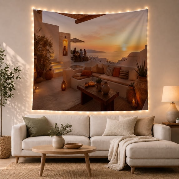 Cactus Succulent Garden with Scenic Outdoor Terrace, Serene Watercolor for Plant Lovers, Aesthetic Wall Decor, Halloween Gift, Tapestry Wall Hanging for Dorm and Living Room