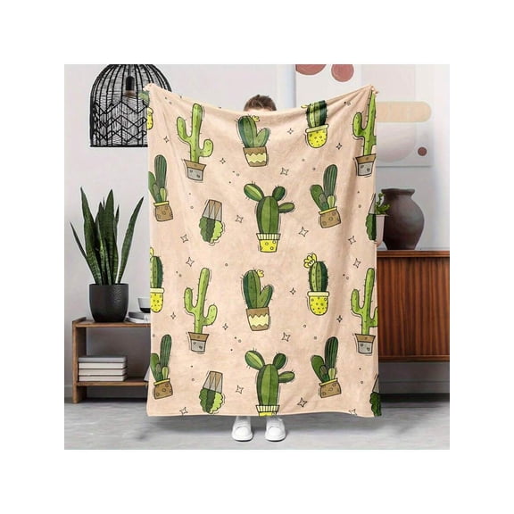 Cactus & Succulent Print Flannel Throw Blanket - 280gsm Heavyweight All-Season Bedspread, Beige Green Cacti Design for Sofa Bed Office, Cozy Washable Home Decor, Fall Winter Blanket