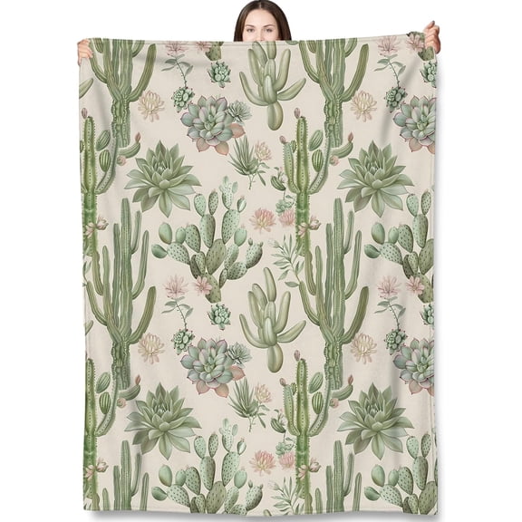 Cactus Succulent Throw Blanket Gifts for Adults Kids, Botanical Desert Green Plants Blankets for Living Room Bedroom Decor, Fuzzy Warm Flannel Plush 50x60