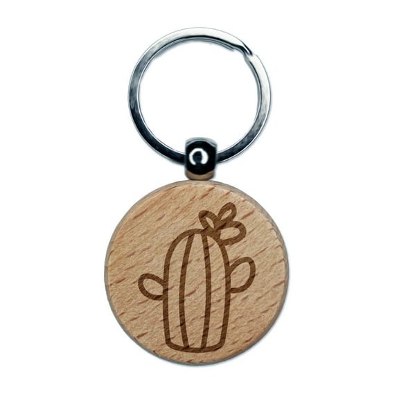Cactus Succulent with Flower Doodle Round Keychain Charm Tag - Engraved Wood