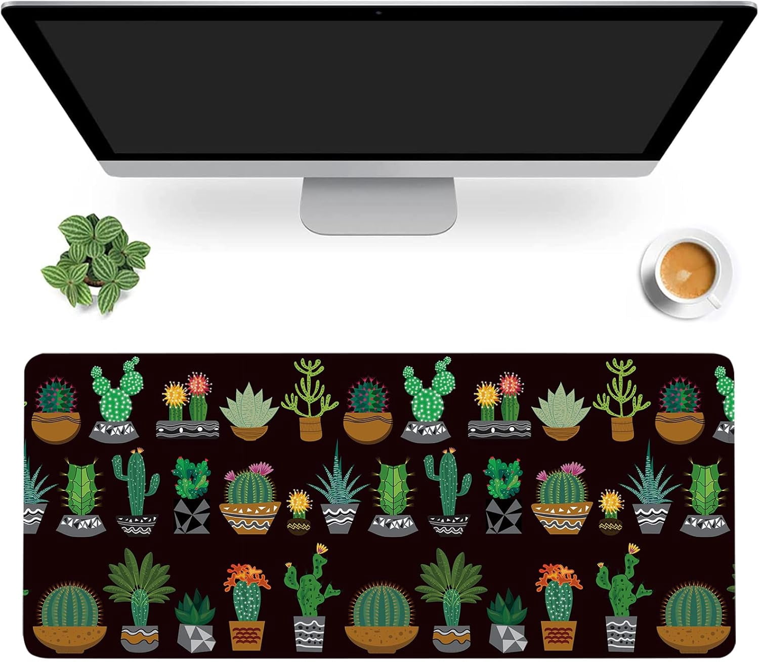 Cactus and Succulents Desk Mat,Cute Plant Extended Gaming Mouse Pad,Large Non-Slip Rubber Base Mousepad with Stitched Edges,Waterproof Mouse Mat Desk Pad for Office Game Home 35.4x15.75 in