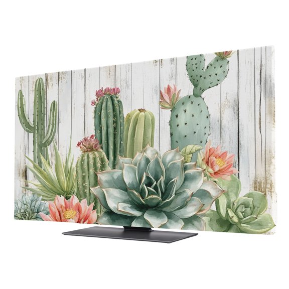 Cactus Succulents TV Cover for 24 Inch Screen, Stretch Fabric Dustproof TV Display Protector, Tropical Botanical Potted Cacti Elastic Slipcover Monitor Cover for Indoor Desktop Computer 20.9"x11.8"