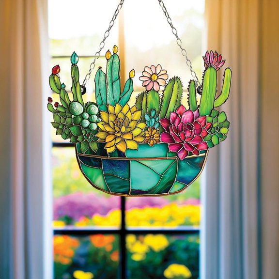 Cactus Succulents in Pot Faux Acrylic Suncatcher – Colorful Acrylic Window Hanging Flower and Plant Decor Gift for Garden Decor
