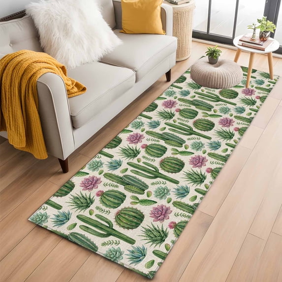 Cactus Summer 2'x6' Runner Rugs for Hallway Kitchen Bedside Non Slip, Watercolor Tropical Botanical Linen Texture Entryway Rug Runners with Rubber Backing, Long Carpet Runner for Laundry Room