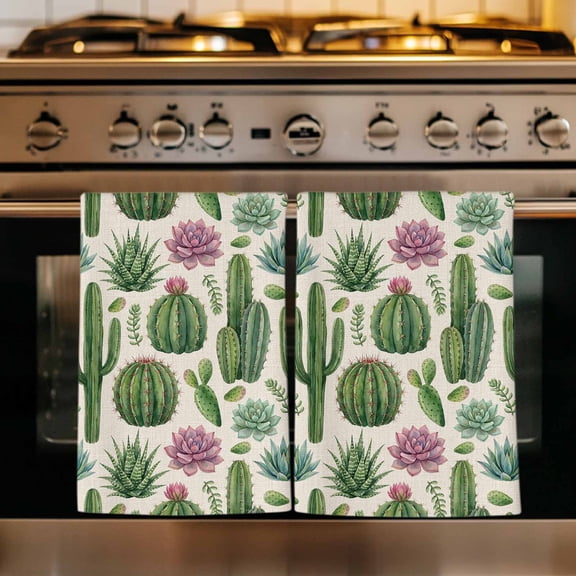 Cactus Summer Kitchen Towels Set of 3, Watercolor Tropical Botanical Linen Texture Absorbent Dish Towels for Kitchen, Microfiber Hand Towel, Quick Drying Tea Towel for Cleaning Decorative Dishcloths