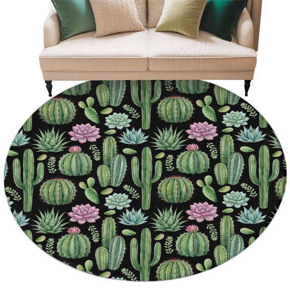 Cactus Summer Round Rug 7ft Washable Circle Rugs Non Slip Watercolor Tropical Botanical Black Large Area Rug Indoor Floor Carpet for Bedroom Kitchen Living Room Home Office Dining Room Nursery