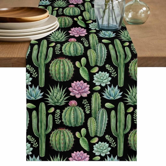 Cactus Summer Table Runner 72 Inches, Watercolor Tropical Botanical Black Bed Runner Dresser Scarves Tabletop for Indoor Outdoor Parties/Ceremony/Banquet, 14" x 72"