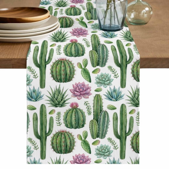 Cactus Summer Table Runner 90 Inches, Watercolor Tropical Botanical White Bed Runner Dresser Scarves Tabletop for Indoor Outdoor Parties/Ceremony/Banquet, 13" x 90"