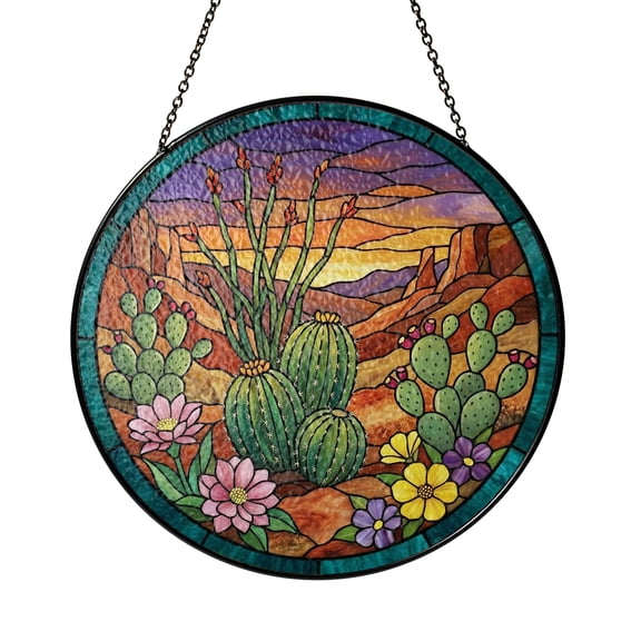 Cactus Suncatcher Stained Glass Window Hanging, Desert Landscape Decor, Boho Window Decor