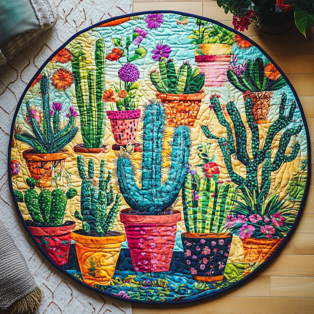 Cactus Sunset Glow Quilted Round Mat, Cactus Desert Round Floor Mat ...