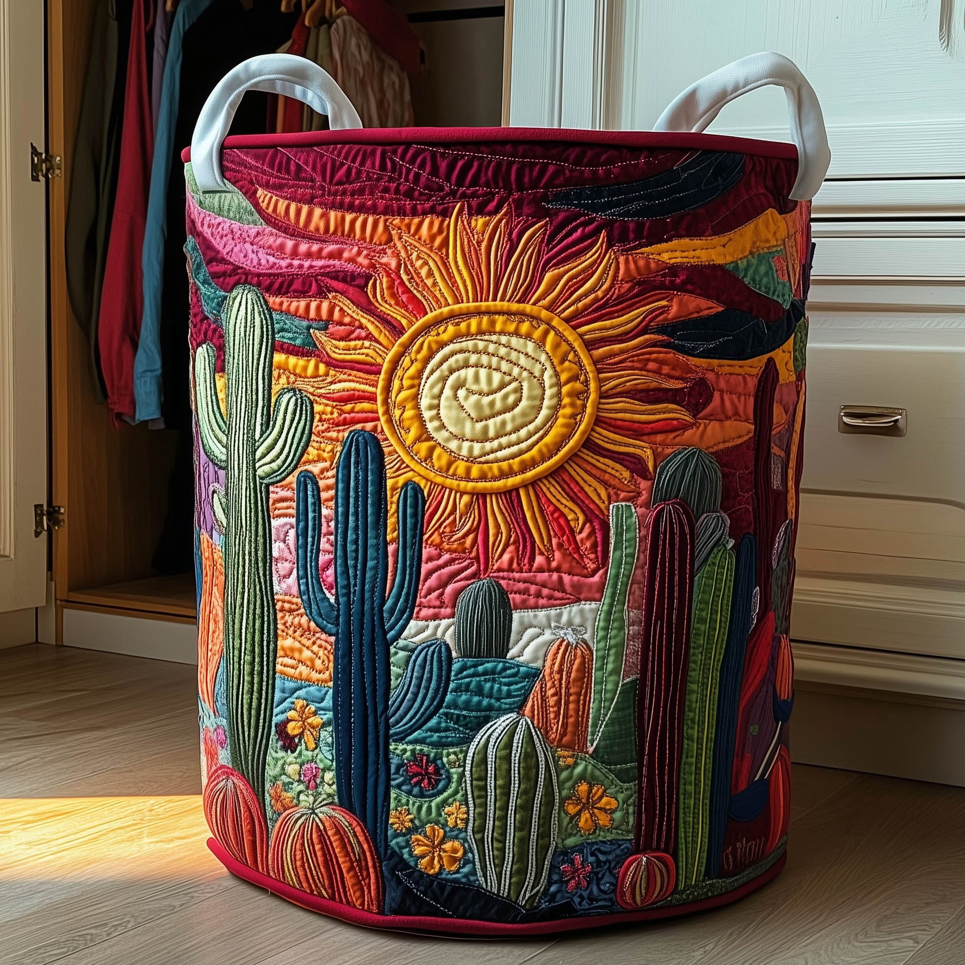 Cactus Sunset Quilted Laundry Basket, Storage Bin Laundry Basket Fabric, House Storage Hamper, Mother Day's Gift Ideas