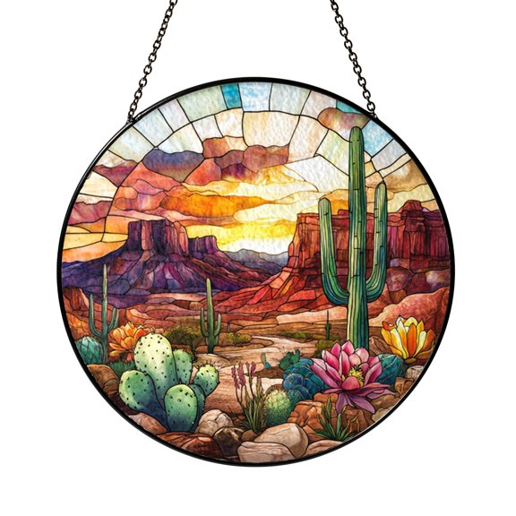 Cactus Sunset Suncatcher, Faux Stained Glass Desert Scene Window Hanging for Boho and Nature Home Accents