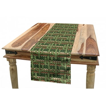 Cactus Table Runner, Cartoon Style Saguaro Cactus on Zigzag Stripes Background, Dining Room Kitchen Rectangular Runner, 3 Sizes, by Ambesonne