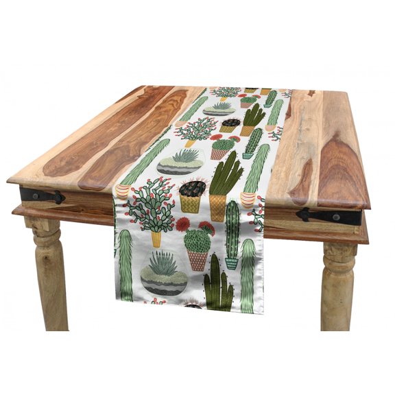 Cactus Table Runner, Pattern with Succulent Plants and Cactuses in Pots Botanical Floral Mexican Garden, Dining Room Kitchen Rectangular Runner, 3 Sizes, by Ambesonne