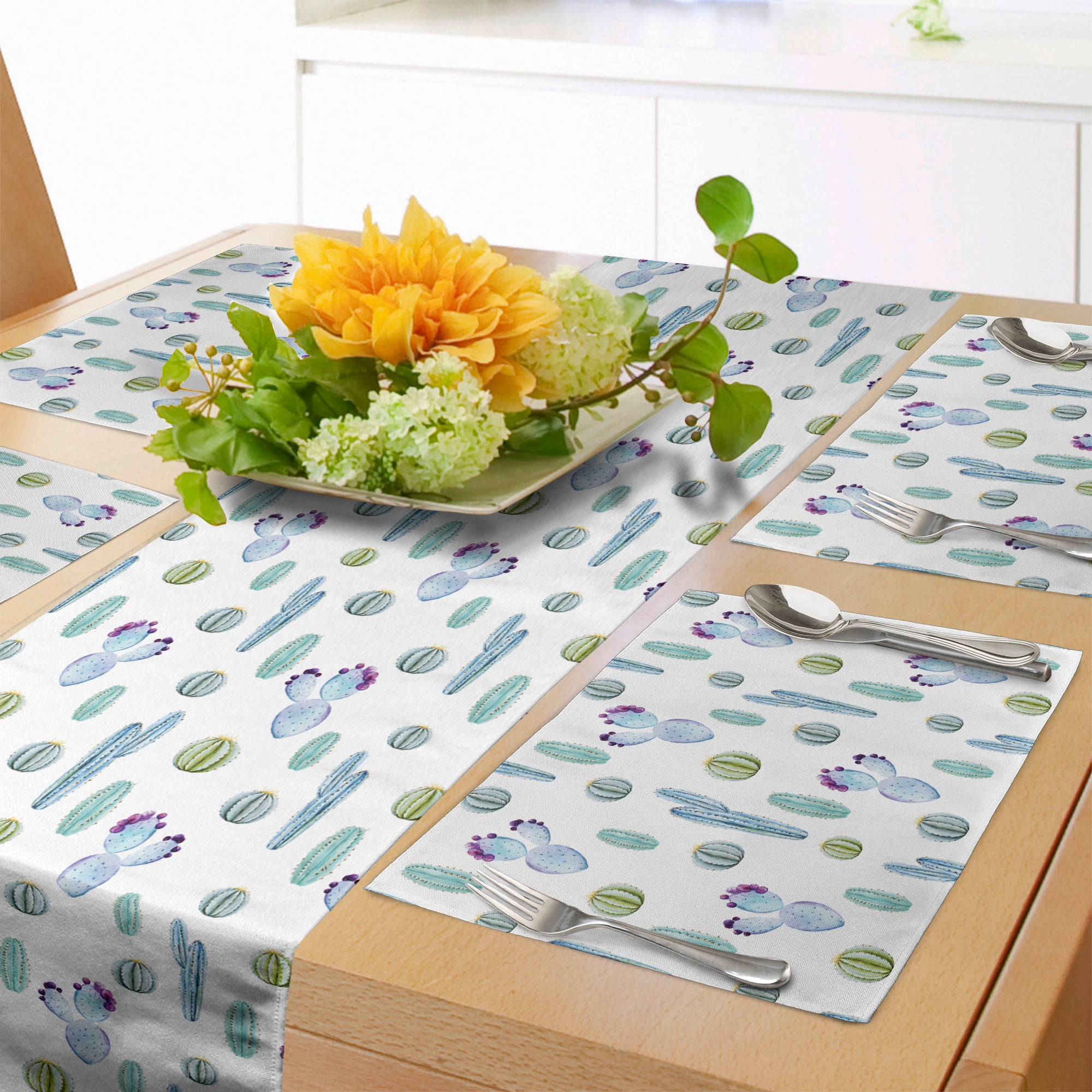 Cactus Table Runner & Placemats, Blue Botanic Desert Flowers Spikes