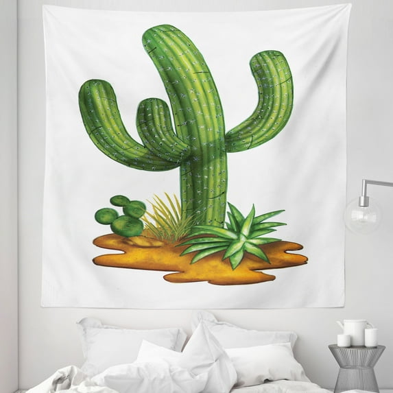 Cactus Tapestry, Arid Climate Flora Saguaro Plant Succulent Illustration South America Mexico, Fabric Wall Hanging Decor for Bedroom Living Room Dorm, 5 Sizes, Green Pale Caramel, by Ambesonne