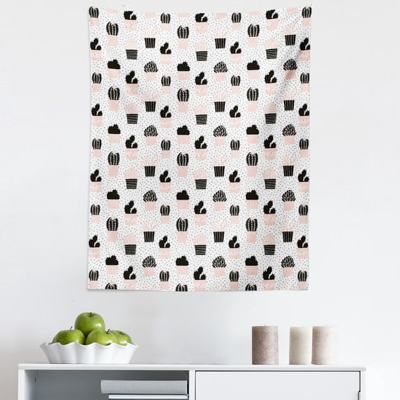 Cactus Tapestry, Dotted Background with Plants and Many Design Elements Chevrons Lines, Fabric Wall Hanging Decor for Bedroom Living Room Dorm, 5 Sizes, Pale Coral Black White, by Ambesonne