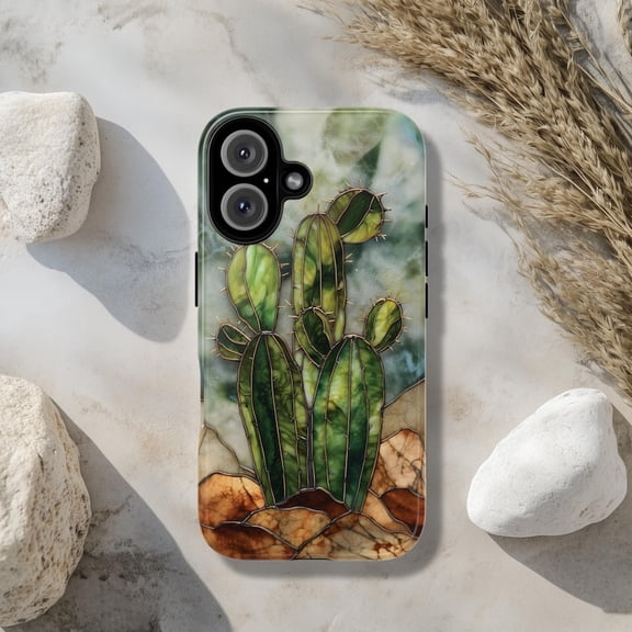 Cactus Tough Phone Case, Cacti PRINTED Stained Glass Design, Protective Covers for iPhone , Galaxy & Pixel