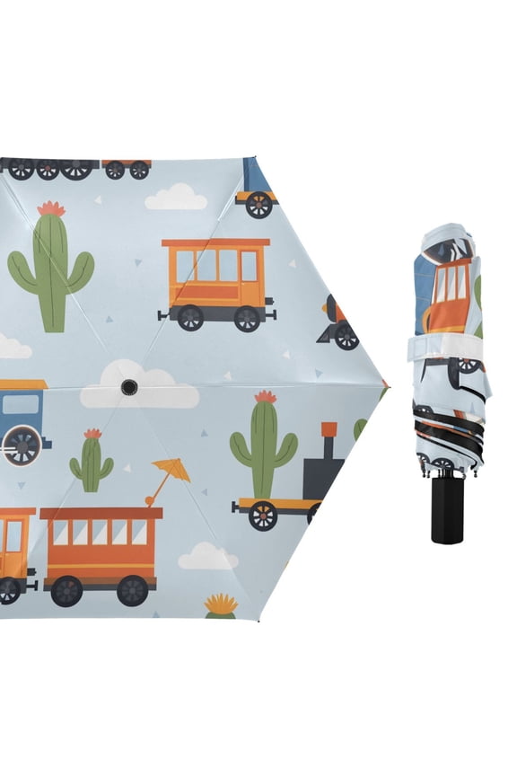 Cactus Trains Clouds Cartoon All Weather Umbrella Triple Folding Parasol 6 Ribs UV Protection Portable