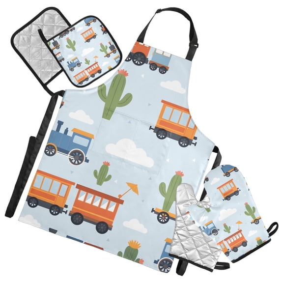 Cactus Trains Clouds Cartoon Apron Set with Oven Mitts Pot Holders Set of 5 Kitchen Stuff Accessories