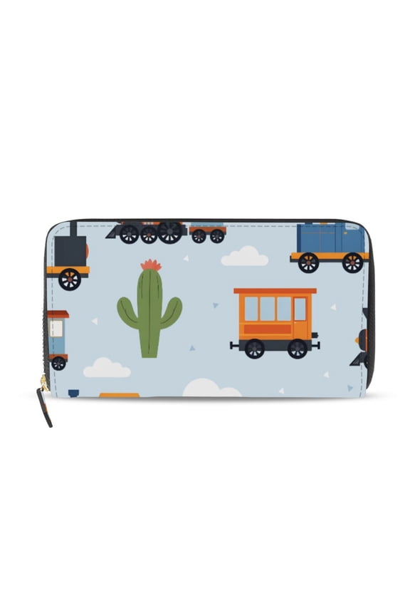 Cactus Trains Clouds Cartoon Women's Long Zipper Wallet Bifold Clutch Purse PU Leather Card Cases
