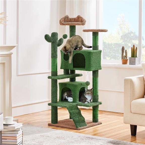 Cactus  Tree, 54.5in Tower /Ramp, Animal-Ear Shaped Perch, Scratching Posts, Platform & Hanging Ball, Multi-Level Condo for Indoor Kittens, Green/Brown with Dog Bed