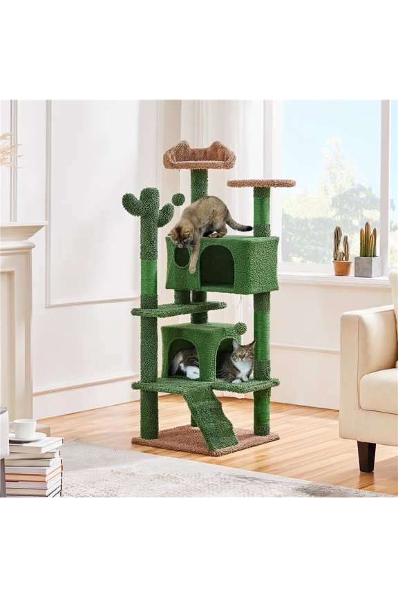 Cactus  Tree, 54.5in Tower /Ramp, Animal-Ear Shaped Perch, Scratching Posts, Platform & Hanging Ball, Multi-Level Condo for Indoor Kittens, Green/Brown with Dog Bed