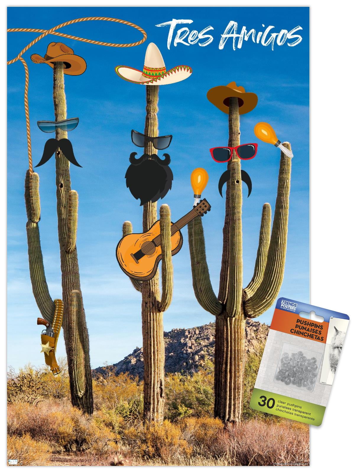 Cactus -Tres Amigos Wall Poster with Pushpins, 14.725" x 22.375"